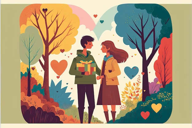 Feliz pareja de jóvenes adolescentes en el parque con flores y árboles en el fondo híbrido día de san valentín corazón sosteniendo corazón naturaleza jugar bellotas bloques de colores luz cálida arco iris tela IA generativa