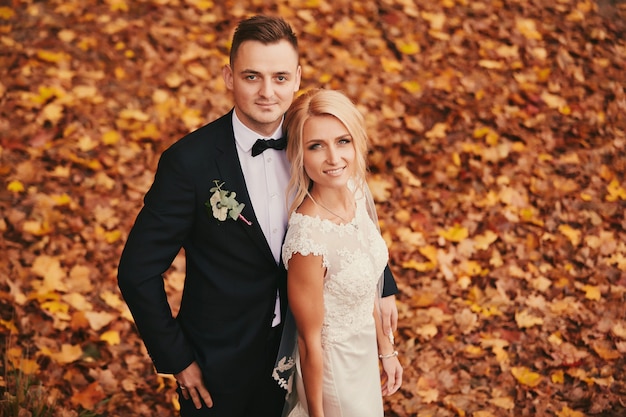 Feliz pareja de jóvenes casados en el parque de otoño otoño amarillo dorado
