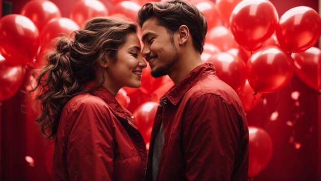 Foto una feliz pareja de jóvenes enamorados con globos en forma de corazón sobre un fondo rojo celebrando el día de san valentín