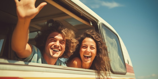 Una feliz pareja de jóvenes turistas conduciendo una caravana agitando las manos por la ventana AI generativa