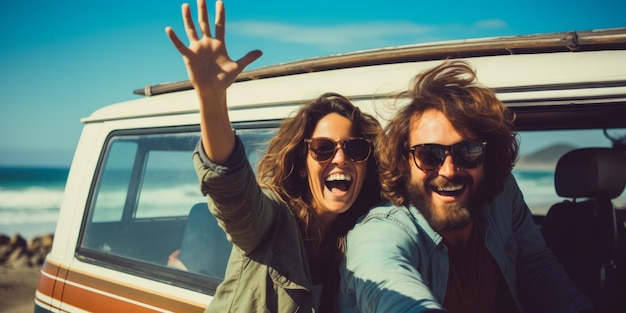 Una feliz pareja de jóvenes turistas conduciendo una caravana agitando las manos por la ventana AI generativa