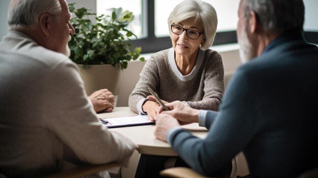 Feliz pareja de jubilados firma un contrato con una agente inmobiliaria o corredora comprando casa o propiedad juntos Creado con tecnología Generativa de IA