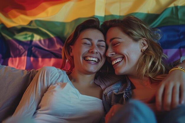 Una feliz pareja de lesbianas abrazándose con una bandera de orgullo en casa.