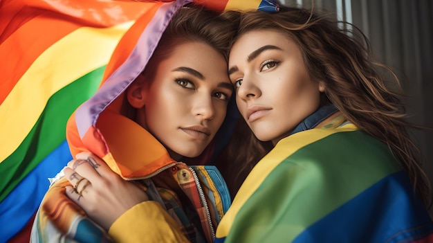 Feliz pareja LGBT abrazándose y sosteniendo una bandera Creado con tecnología de IA generativa