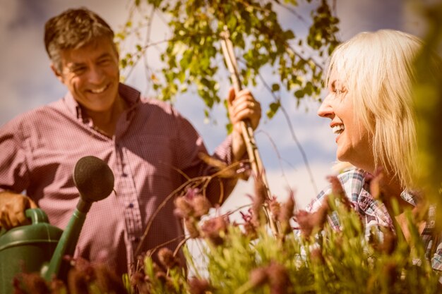 Feliz pareja madura jardinería juntos