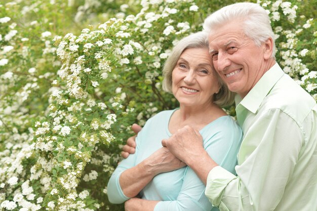 Feliz pareja madura en un parque de primavera