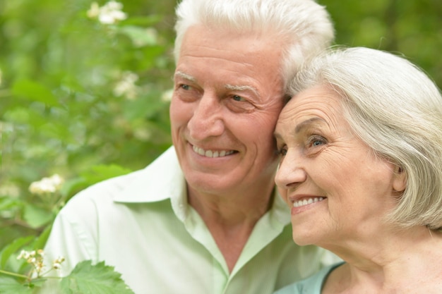 Feliz pareja madura en un parque de primavera