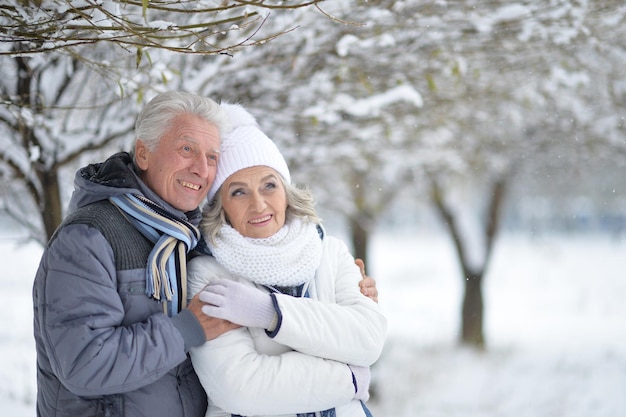 Feliz pareja madura posando al aire libre en invierno