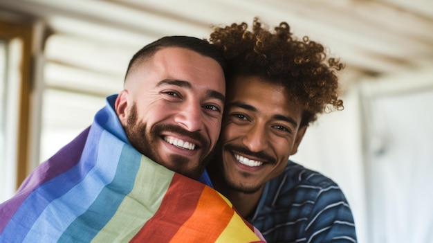 Foto feliz pareja masculina birracial abrazando y sosteniendo juntos la bandera del arco iris lgbtq diversas personas de la comunidad