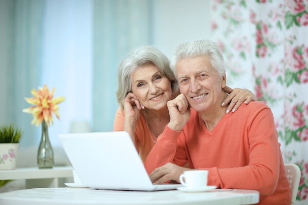 feliz, pareja mayor, con, computador portatil, en casa
