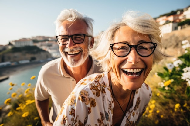 Feliz pareja mayor explora la naturaleza en bicicleta