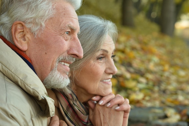 feliz pareja mayor en el parque de otoño abrazándose