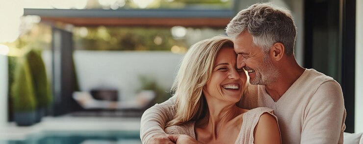 Una feliz pareja de mayores abrazándose y sonriendo en casa en la terraza.