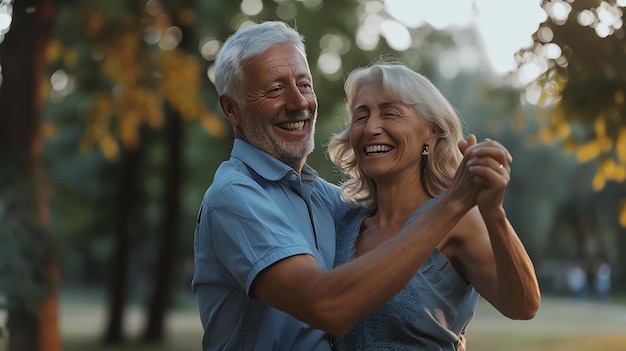 Una feliz pareja de mayores bailando en el parque disfrutando de su jubilación.