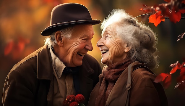 Una feliz pareja de mayores relajándose en el parque de otoño.