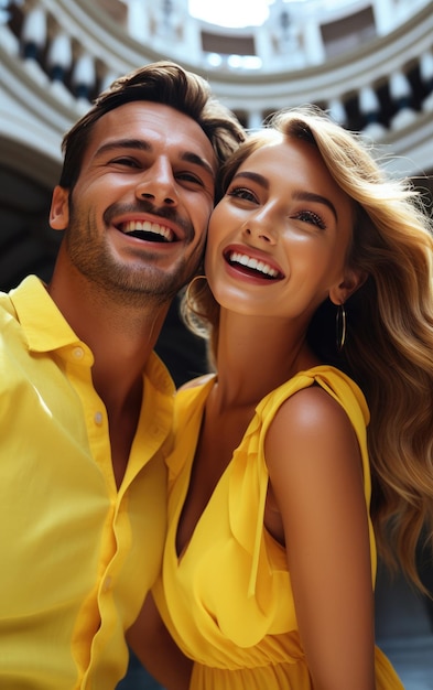 Una feliz pareja de moda de moda tomando selfies con ropa de color claro sólido brillante en verano