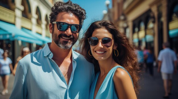 Una feliz pareja de moda de moda tomando selfies con ropa de color claro sólido brillante en verano