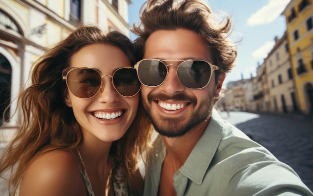 Una feliz pareja de moda de moda tomando selfies con ropa de color claro sólido brillante en verano