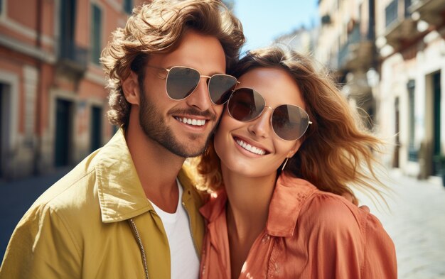 Una feliz pareja de moda de moda tomando selfies con ropa de color claro sólido brillante en verano