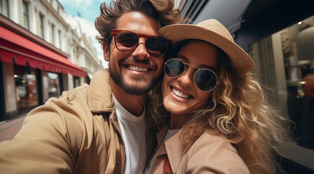 Una feliz pareja de moda de moda tomando selfies con ropa de color claro sólido brillante en verano