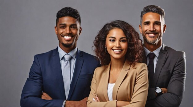 una feliz pareja de negocios multiétnica posando