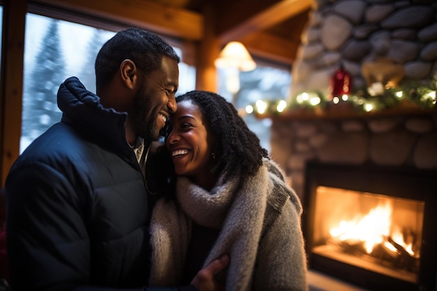 Una feliz pareja negra de mediana edad abrazándose cerca de la chimenea en una cabaña de invierno en el bosque.