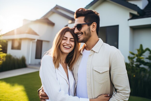 Una feliz pareja negra de pie fuera de su casa.