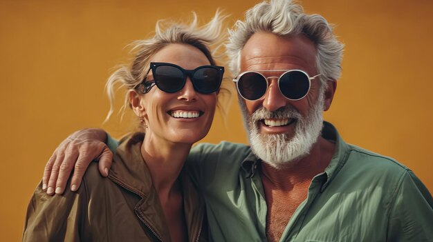 Feliz pareja de personas maduras con gafas de sol disfrutando y divirtiéndose en vacaciones en verano de fondo verde Viajes y viajeros estilo de vida Edad de jubilación Ai generativo