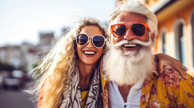 Feliz pareja de personas maduras con gafas de sol disfrutando y divirtiéndose en vacaciones en verano de fondo verde Viajes y viajeros estilo de vida Edad de jubilación Ai generativo