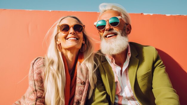 Feliz pareja de personas maduras con gafas de sol disfrutando y divirtiéndose en vacaciones en verano de fondo verde Viajes y viajeros estilo de vida Edad de jubilación Ai generativo