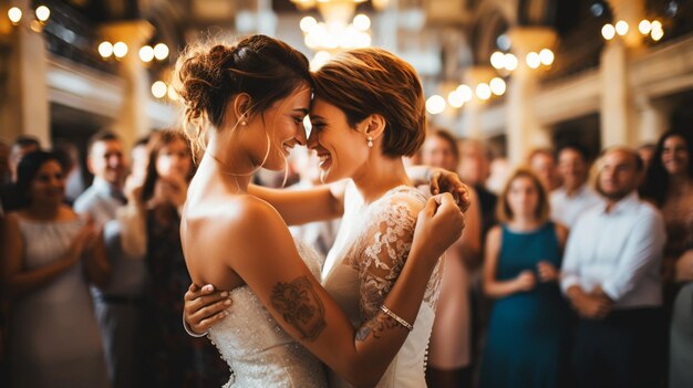 Una feliz pareja de recién casados LGBT se toman de la mano y caminan en la ceremonia de bodas