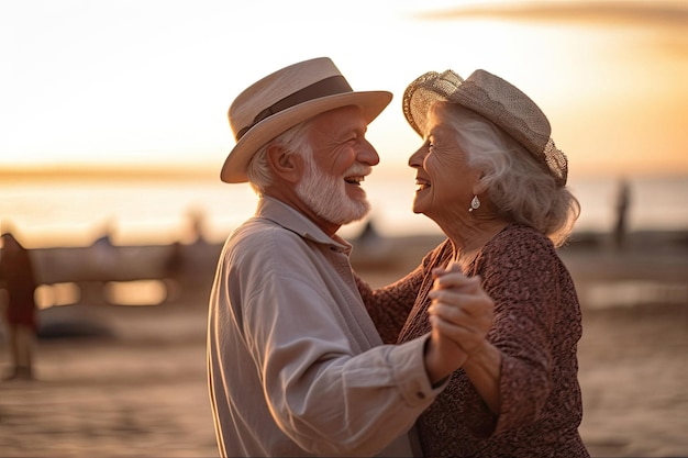 Feliz pareja romántica amorosa bailando al atardecer creada con tecnología de IA generativa