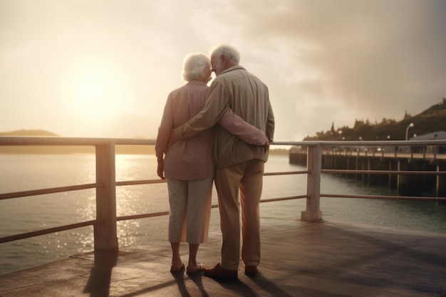 Feliz pareja romántica de ancianos abrazo cerca del mar Amor cuidado devoción matrimonio fuerte IA generativa