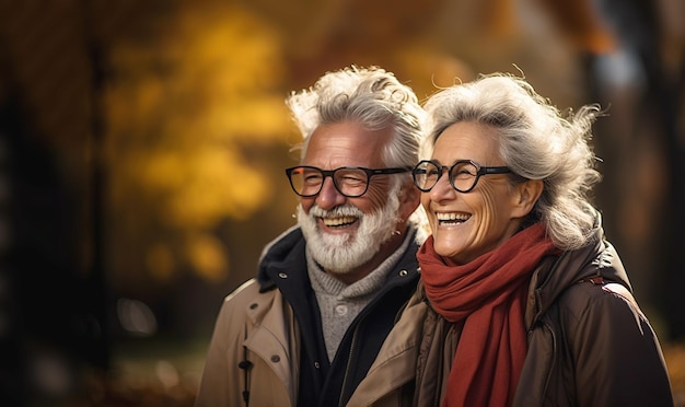 Feliz pareja senior activa y en forma en el otoñoDivertirse y abrazarse juntos Amar a los mayores