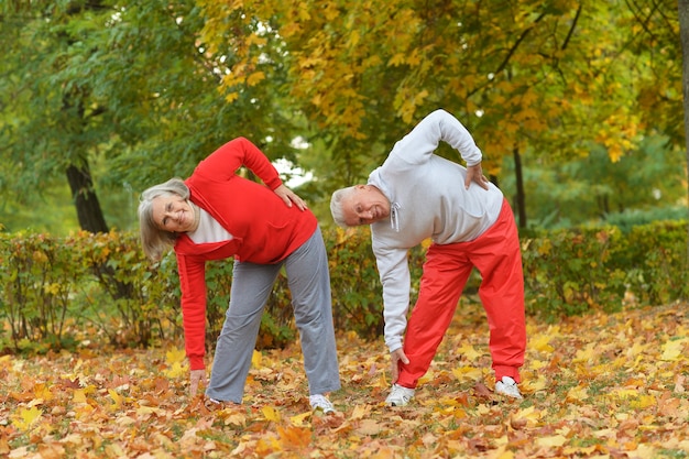 Feliz pareja senior de ajuste haciendo ejercicio en el parque otoño