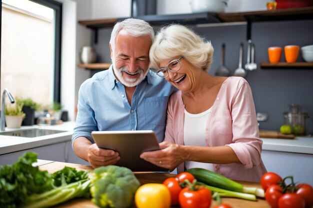 Feliz pareja senior cocinando y divirtiéndose con tableta digital en la cocina