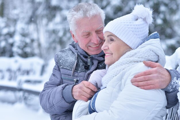 Feliz pareja senior en invierno al aire libre