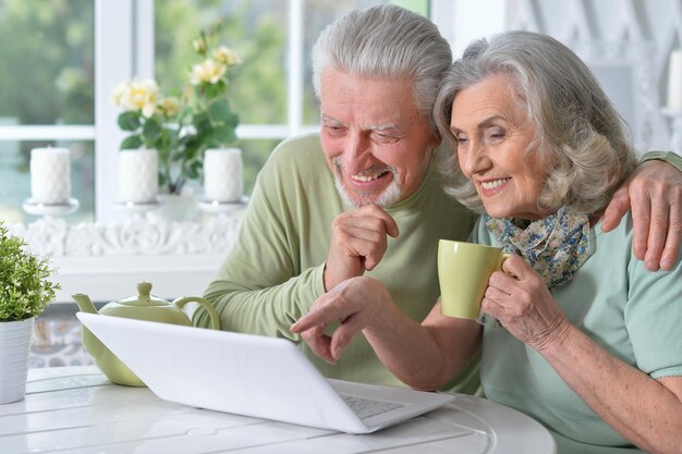 Feliz pareja senior con laptop