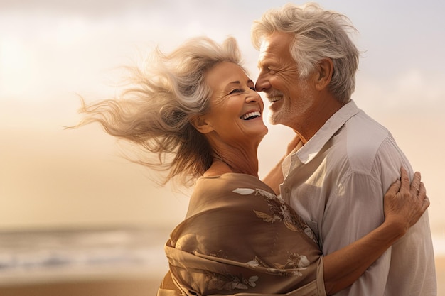 Feliz pareja senior madura en la playa amor mutuo