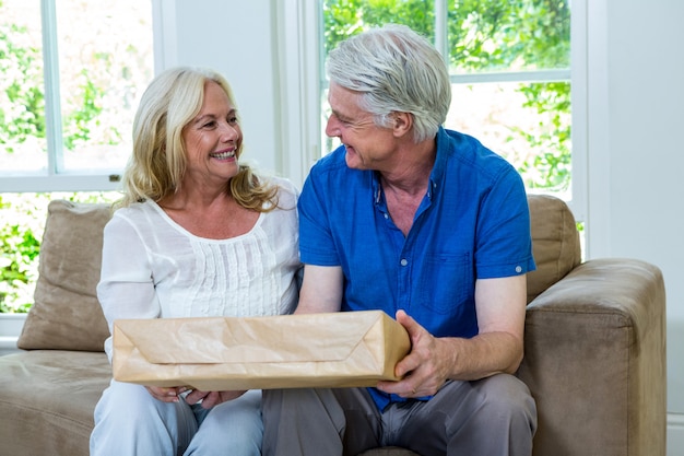 Feliz pareja senior con paquete mientras está sentado en su casa