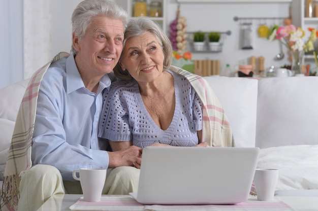 Feliz pareja senior con portátil en casa