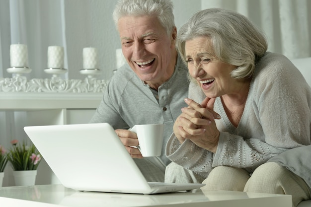 Feliz pareja senior con portátil en casa