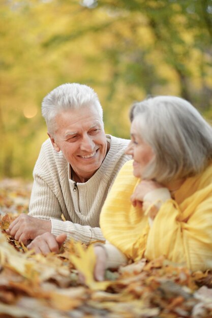 Feliz pareja senior posando en hojas de otoño