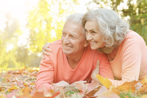 Feliz pareja senior tumbado en hojas de otoño