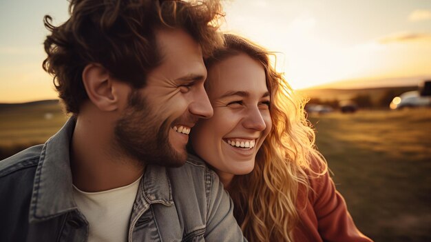 La feliz pareja se sienta en el auto y sonríe Creado con tecnología de IA generativa