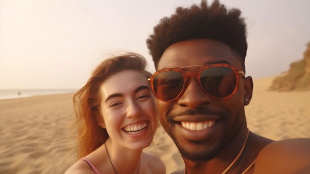 Una feliz pareja sonriente posa para un selfie en Panjin Red Beach en China Vacaciones de verano para un joven negro y su esposa IA generativa