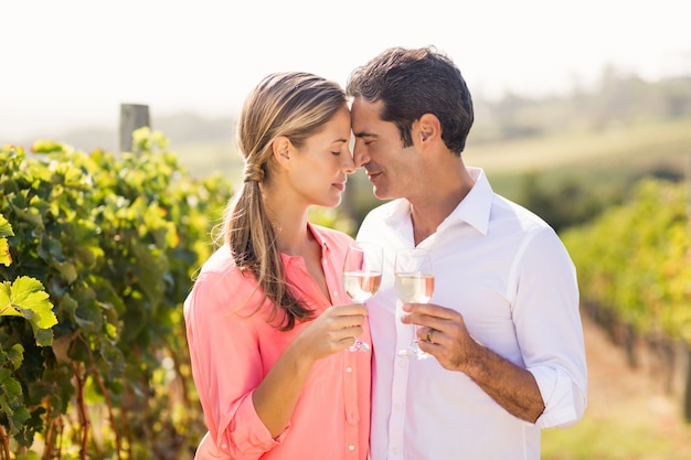 Feliz pareja sosteniendo copas de vino