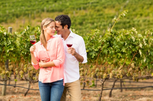 Feliz pareja sosteniendo copas de vino