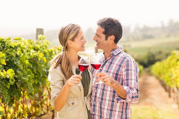 Feliz pareja tostado copas de vino