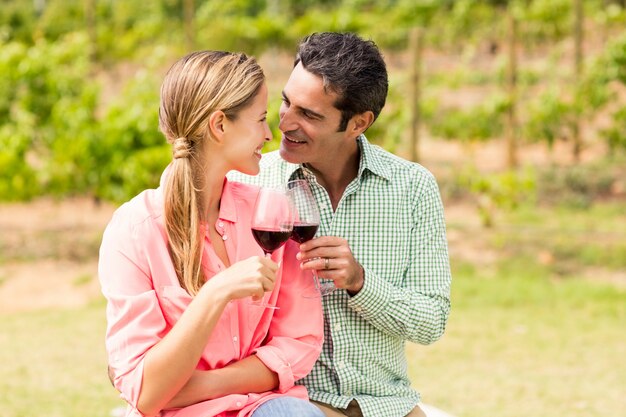 Feliz pareja tostado copas de vino